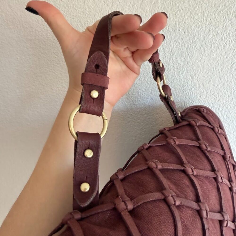 Pour La Victoire Knotted Leather & Canvas Satchel Shoulder Bag in Oxblood & Gold - Picture 4 of 15